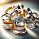 DALL·E 2024-04-16 12.17.35 - A sophisticated image showcasing a collection of wedding rings. These rings are symbols of union and commitment, often chosen to complement an engagem